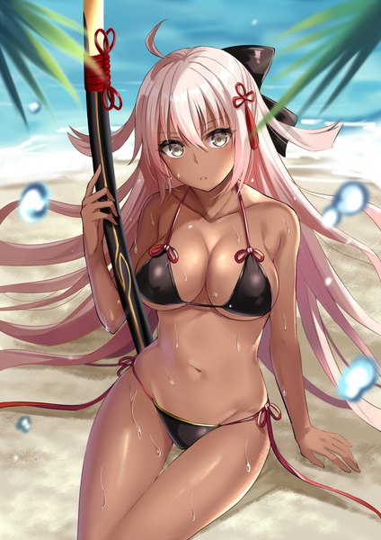 Anime picture 700x990 with fate (series) fate/grand order okita souji (fate) (all) okita souji alter (fate) harimoji single tall image looking at viewer blush fringe breasts light erotic hair between eyes large breasts sitting bare shoulders holding payot cleavage silver hair