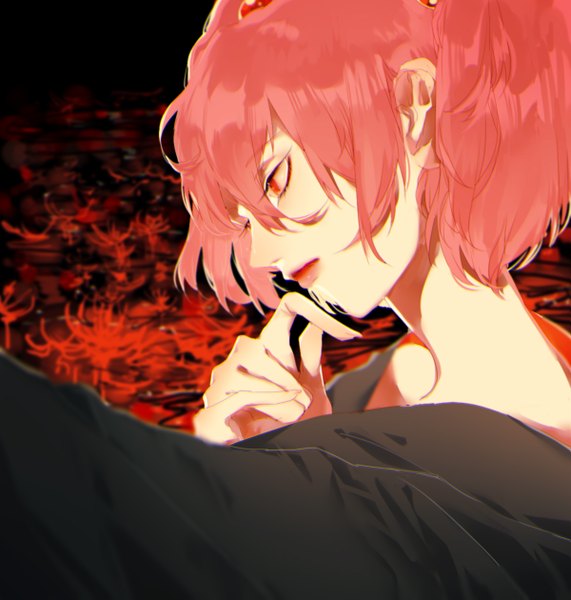 Anime picture 1200x1260 with touhou onozuka komachi tian (my dear) single tall image fringe short hair hair between eyes red eyes looking away pink hair finger to mouth close-up girl flower (flowers) higanbana