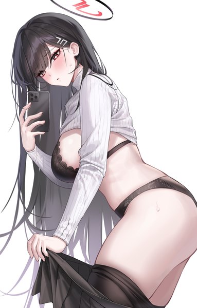 Anime picture 3000x4700 with blue archive rio (blue archive) raki kr single long hair tall image looking at viewer blush fringe highres open mouth light erotic black hair simple background hair between eyes red eyes standing white background long sleeves leaning