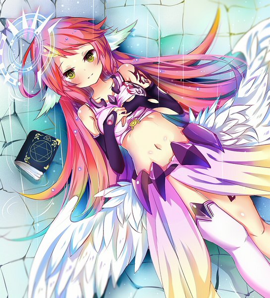 Anime picture 1000x1100 with no game no life madhouse jibril (no game no life) eiba single long hair tall image looking at viewer blush fringe breasts light erotic smile green eyes payot bent knee (knees) red hair lying parted lips from above