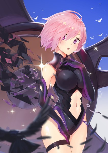 Anime picture 827x1169 with fate (series) fate/grand order mash kyrielight ranyu single tall image looking at viewer blush fringe short hair breasts open mouth light erotic large breasts purple eyes bare shoulders pink hair sky ahoge wind