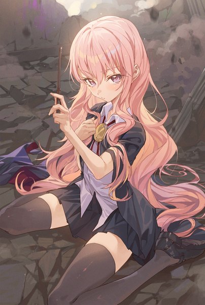 Anime picture 2274x3374 with zero no tsukaima j.c. staff louise francoise le blanc de la valliere hxxg single long hair tall image looking at viewer blush fringe highres hair between eyes sitting purple eyes holding payot pink hair full body bent knee (knees) outdoors