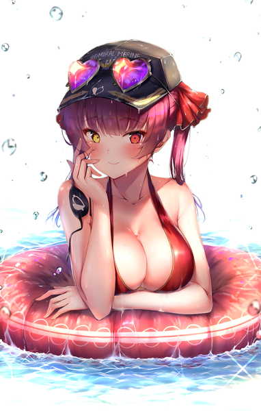 Anime picture 3500x5500 with virtual youtuber hololive houshou marine houshou marine (summer) ijac ray single long hair tall image looking at viewer blush fringe highres breasts light erotic simple background smile red eyes large breasts white background twintails