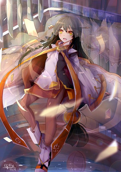 Anime picture 705x1000 with elsword ara haan sakra devanam (elsword) bai qi-qsr single tall image looking at viewer blush fringe open mouth black hair signed yellow eyes ahoge long sleeves very long hair :d wind wide sleeves girl