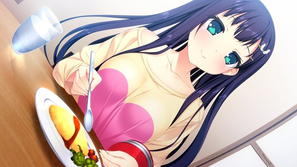 Anime picture 1280x720 with harvest overray giga ouno sumi single long hair looking at viewer blush blue eyes black hair smile wide image game cg girl food omelet omurice
