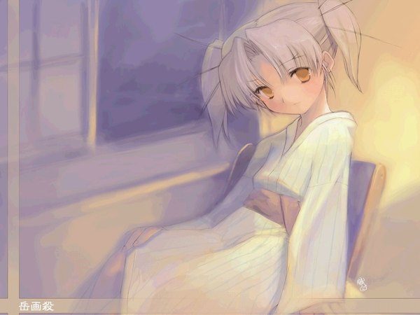 Anime picture 1024x768 with daiakuji takega satsu tagme (artist) single sitting twintails brown eyes silver hair indoors traditional clothes japanese clothes short twintails girl window yukata