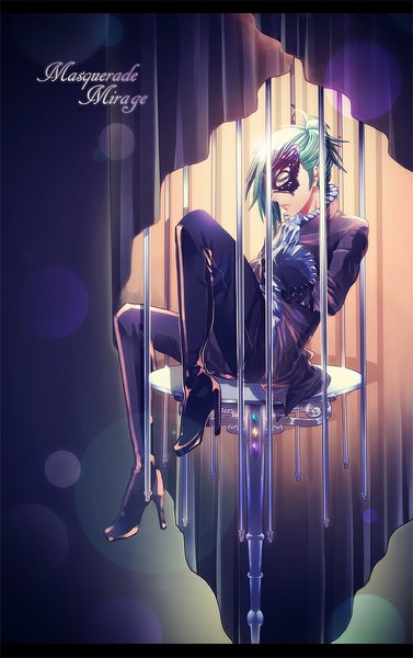 Anime picture 700x1112 with uta no prince-sama a-1 pictures mikaze ai jiro (apollo) single long hair tall image short hair sitting profile aqua hair high heels crossed arms boy gloves cape mask neckerchief cage
