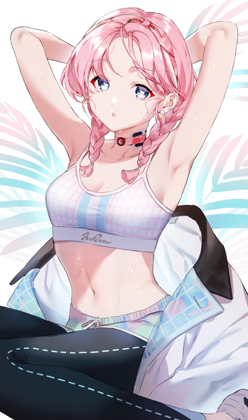 Anime picture 1024x1736 with arknights blue poison (arknights) blue poison (shoal beat) (arknights) ichibi single long hair tall image looking at viewer blue eyes sitting pink hair braid (braids) :o armpit (armpits) midriff sweat twin braids official alternate costume arms behind head girl