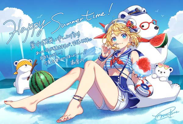Anime picture 2232x1509 with original morikura en single looking at viewer blush fringe highres short hair blue eyes blonde hair sitting holding signed sky cloud (clouds) full body ahoge bent knee (knees) outdoors nail polish