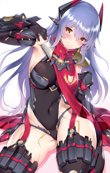Anime picture 2894x4564 with xenoblade xenoblade 2 poppi (xenoblade) mdastarou single long hair tall image looking at viewer blush fringe highres breasts light erotic simple background smile hair between eyes white background sitting brown eyes payot