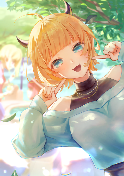 Anime picture 1447x2047 with oshi no ko memcho ito haruko tall image looking at viewer short hair open mouth blonde hair upper body ahoge outdoors :d horn (horns) aqua eyes blurry solo focus girl plant (plants) tree (trees) leaf (leaves)