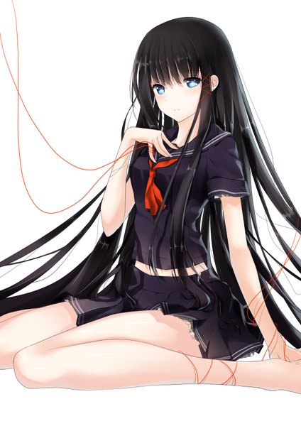Anime picture 1240x1753 with original u.n.k. single long hair tall image looking at viewer blue eyes black hair simple background white background girl uniform school uniform thread red thread