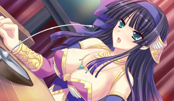 Anime picture 1024x600 with hime-sama gentei! long hair breasts open mouth light erotic black hair wide image green eyes game cg singing girl jewelry microphone