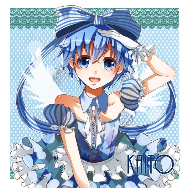 Anime picture 1500x1500 with vocaloid kaito (vocaloid) nou single looking at viewer short hair open mouth blue eyes bare shoulders blue hair inscription character names border angel wings polka dot outside border polka dot background dress boy gloves