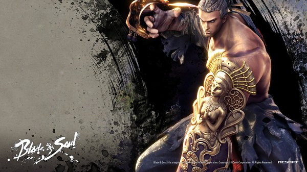 Anime picture 1920x1080 with blade & soul gon (blade & soul) single highres short hair wide image silver hair inscription muscle boy shield