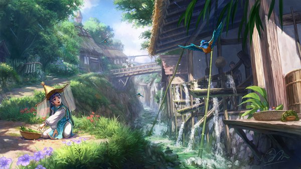 Anime picture 2300x1294 with original makkou 4 long hair fringe highres open mouth wide image sitting purple eyes signed blue hair full body outdoors blunt bangs traditional clothes :d looking up fantasy summer river