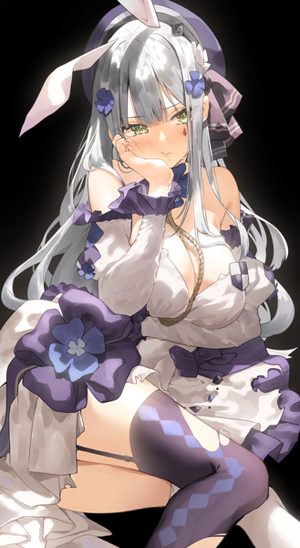 Anime picture 1000x1819 with girls frontline hk416 (girls frontline) hk416 (herbal-flavored hard candy) (girls frontline) ran s200 single long hair tall image looking at viewer blush fringe breasts light erotic simple background large breasts sitting bare shoulders green eyes animal ears cleavage silver hair