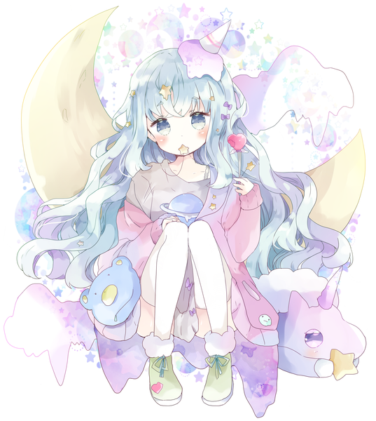 Anime picture 1696x1894 with original tsukiyo (skymint) single long hair tall image looking at viewer blush fringe sitting bare shoulders holding payot full body bent knee (knees) aqua hair off shoulder fur trim mouth hold wavy hair girl