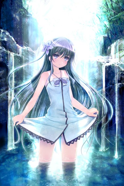 Anime picture 800x1200 with original aruciii single long hair tall image looking at viewer blush blue eyes black hair girl dress hair ornament water sundress
