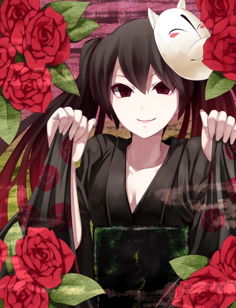 Anime picture 1000x1300 with vocaloid musunde hiraite rasetsu to mukuro (vocaloid) hatsune miku irohara mitabi single long hair tall image black hair smile twintails traditional clothes japanese clothes black eyes mask on head girl flower (flowers) rose (roses) mask red rose