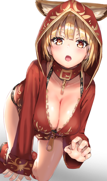 Anime picture 832x1400 with original reinama single tall image looking at viewer blush fringe short hair breasts open mouth light erotic simple background blonde hair large breasts animal ears yellow eyes cleavage blunt bangs :o sleeves past wrists