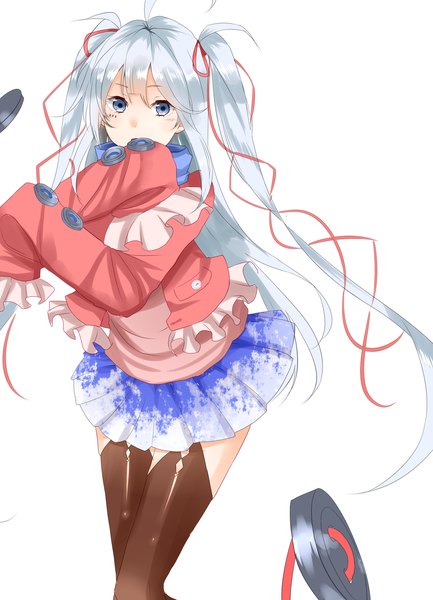 Anime picture 1903x2634 with original amekawa setsu long hair tall image looking at viewer blush highres blue eyes simple background white background silver hair long sleeves pleated skirt girl thighhighs skirt ribbon (ribbons) hair ribbon buttons