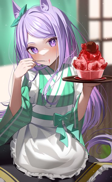 Anime picture 2498x4063 with umamusume mejiro mcqueen (umamusume) ningen mame single long hair tall image looking at viewer blush fringe highres sitting purple eyes animal ears purple hair full body indoors tail traditional clothes head tilt japanese clothes