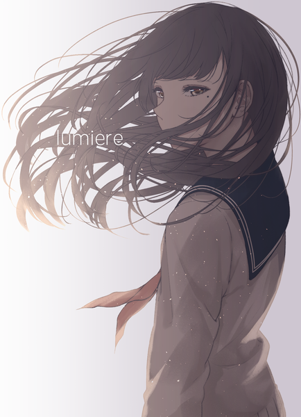 Anime picture 1409x1947 with original saitou (lynx-shrike) single long hair tall image looking at viewer black hair simple background brown eyes looking back wind grey background mole mole under eye gradient background text girl uniform serafuku