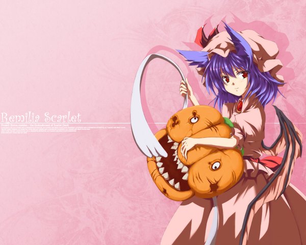 Anime picture 1280x1024 with touhou okaasan to issho remilia scarlet spoo imuraya ayuka single fringe short hair simple background hair between eyes red eyes animal ears purple hair wallpaper character names pink background kemonomimi mode girl hat wings