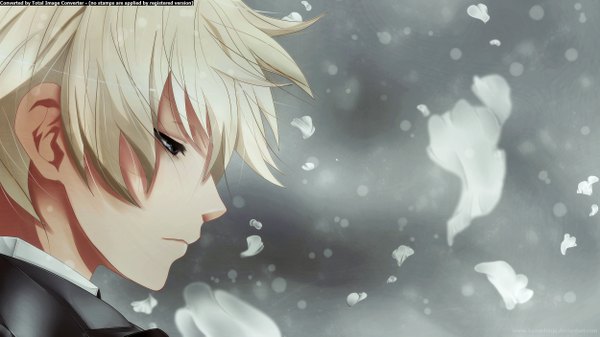 Anime picture 2500x1406 with kuroshitsuji a-1 pictures alois trancy single highres short hair blonde hair wide image face sad boy petals