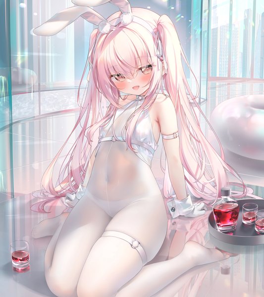 Anime picture 2835x3189 with original chen bin single long hair tall image looking at viewer blush fringe highres open mouth light erotic smile hair between eyes sitting twintails brown eyes animal ears payot pink hair bent knee (knees)