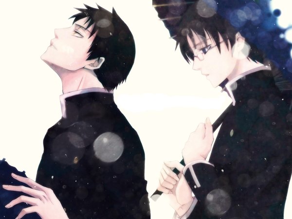 Anime picture 1680x1260 with xxxholic clamp watanuki kimihiro doumeki shizuka tagme (artist) short hair blue eyes black hair simple background white background yellow eyes multiple boys looking up boy glasses umbrella 2 boys