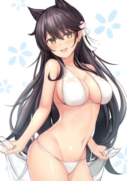 Anime picture 800x1139 with azur lane atago (azur lane) atago (midsummer march) (azur lane) tiphereth single long hair tall image looking at viewer blush fringe breasts open mouth light erotic black hair simple background smile hair between eyes large breasts standing white background