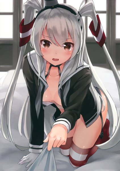 Anime picture 2324x3300 with kantai collection amatsukaze destroyer monoto single long hair tall image looking at viewer blush highres breasts open mouth light erotic brown eyes white hair scan two side up open shirt girl thighhighs hat