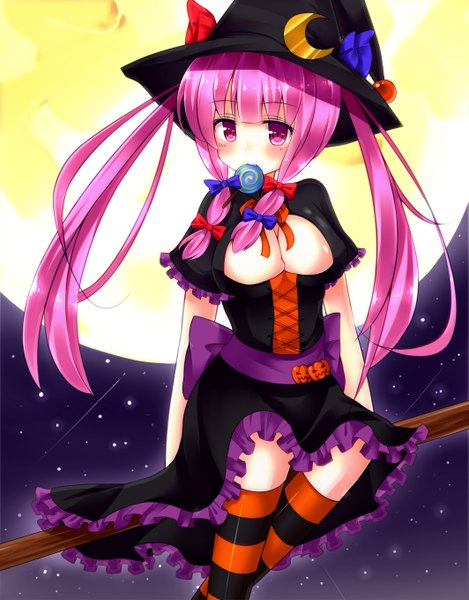 Anime picture 2125x2716 with touhou patchouli knowledge bekotarou single tall image looking at viewer blush highres light erotic purple eyes twintails pink hair very long hair witch girl dress bow hair bow socks moon