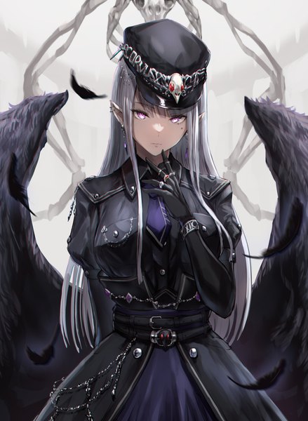 Anime picture 1404x1920 with original jojobirdz single long hair tall image looking at viewer fringe standing purple eyes silver hair blunt bangs arm up pointy ears mole puffy sleeves mole under eye piercing ear piercing black wings arm behind back