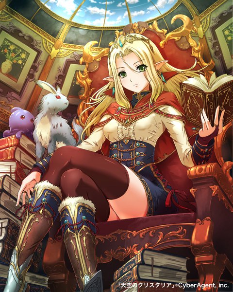 Anime picture 800x1000 with tenkuu no crystalia sakiyamama single long hair tall image looking at viewer blush fringe breasts blonde hair hair between eyes sitting holding green eyes payot sky cloud (clouds) indoors pointy ears official art