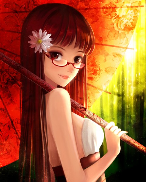Anime picture 1500x1875 with original avachi single long hair tall image looking at viewer brown hair bare shoulders brown eyes hair flower light smile mole mole under mouth girl hair ornament flower (flowers) glasses umbrella oriental umbrella