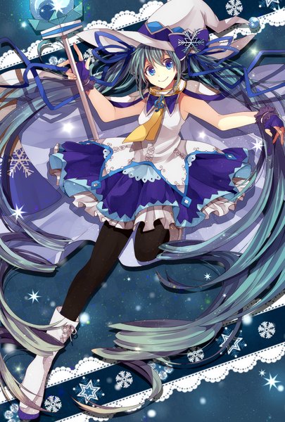 Anime picture 1275x1889 with vocaloid suki! yuki! maji magic (vocaloid) hatsune miku yuki miku yuki miku (2014) sekka single long hair tall image blue eyes smile twintails very long hair aqua hair girl skirt gloves ribbon (ribbons) hair ribbon hat