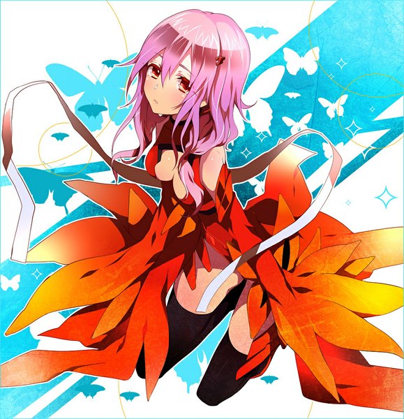 Anime picture 1024x1061 with guilty crown production i.g yuzuriha inori akishima kei single long hair tall image blush red eyes pink hair girl thighhighs black thighhighs bodysuit