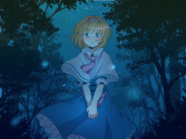 Anime picture 1280x960 with touhou alice margatroid yuko (artist) single looking at viewer blush fringe short hair blue eyes blonde hair standing parted lips wind night short sleeves night sky hands clasped girl dress plant (plants)