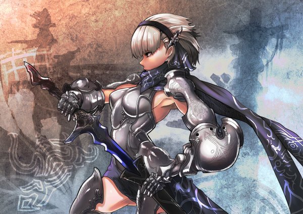 Anime picture 1286x910 with original kuro black single fringe short hair breasts red eyes standing holding looking away silver hair profile shadow armpit (armpits) sheathed unsheathing girl hair ornament weapon sword