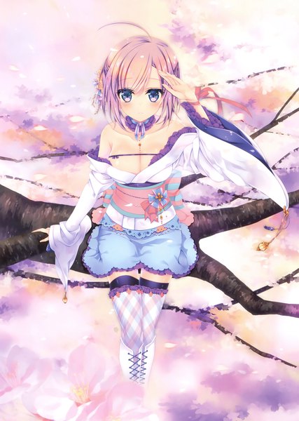 Anime picture 2489x3500 with original konno kengo single tall image looking at viewer blush highres short hair breasts light erotic purple eyes absurdres purple hair traditional clothes japanese clothes scan cherry blossoms girl petals kimono
