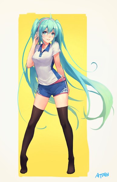 Anime picture 900x1398 with vocaloid hatsune miku atdan single tall image looking at viewer blush twintails very long hair aqua eyes aqua hair girl thighhighs black thighhighs shorts