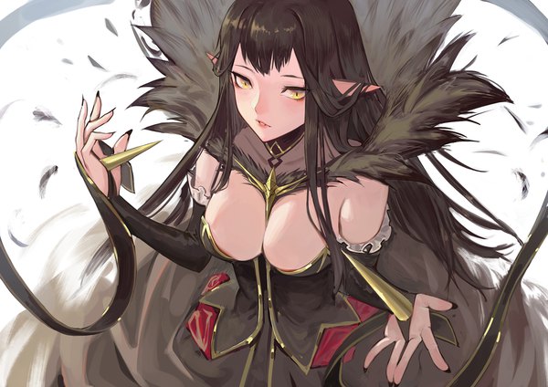 Anime picture 1754x1240 with fate (series) fate/grand order fate/apocrypha semiramis (fate) krin single long hair looking at viewer fringe highres breasts light erotic black hair simple background large breasts yellow eyes cleavage upper body nail polish parted lips