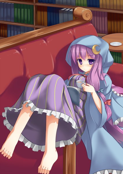 Anime picture 1200x1694 with touhou patchouli knowledge karakura0 single long hair tall image blush purple eyes purple hair lying barefoot legs girl dress bow hair bow book (books) couch