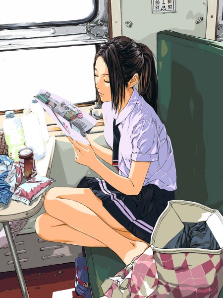 Anime picture 1798x2400 with original jian huang single long hair tall image highres black hair ponytail eyes closed reading girl necktie food window magazine