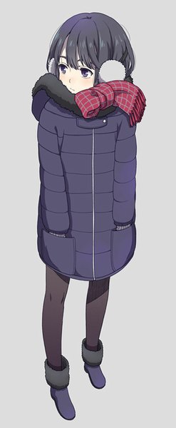 Anime picture 400x970 with original mattaku mousuke single long hair tall image fringe black hair simple background standing looking away black eyes grey background hands in pockets girl pantyhose jacket boots headphones scarf fur