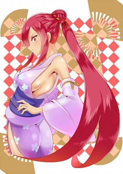 Anime picture 750x1060 with fairy tail erza scarlet bra-cky single long hair tall image breasts light erotic red eyes large breasts ponytail red hair traditional clothes japanese clothes profile armpit (armpits) hair bun (hair buns) girl hair ornament detached sleeves