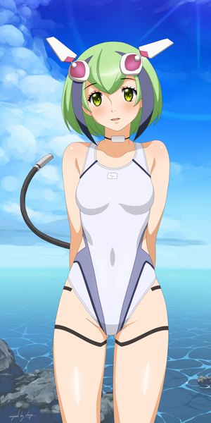 Anime picture 1818x3634 with dimension w yurizaki mira shugo19 single tall image looking at viewer fringe highres short hair light erotic hair between eyes green eyes signed sky cloud (clouds) tail green hair light smile beach girl